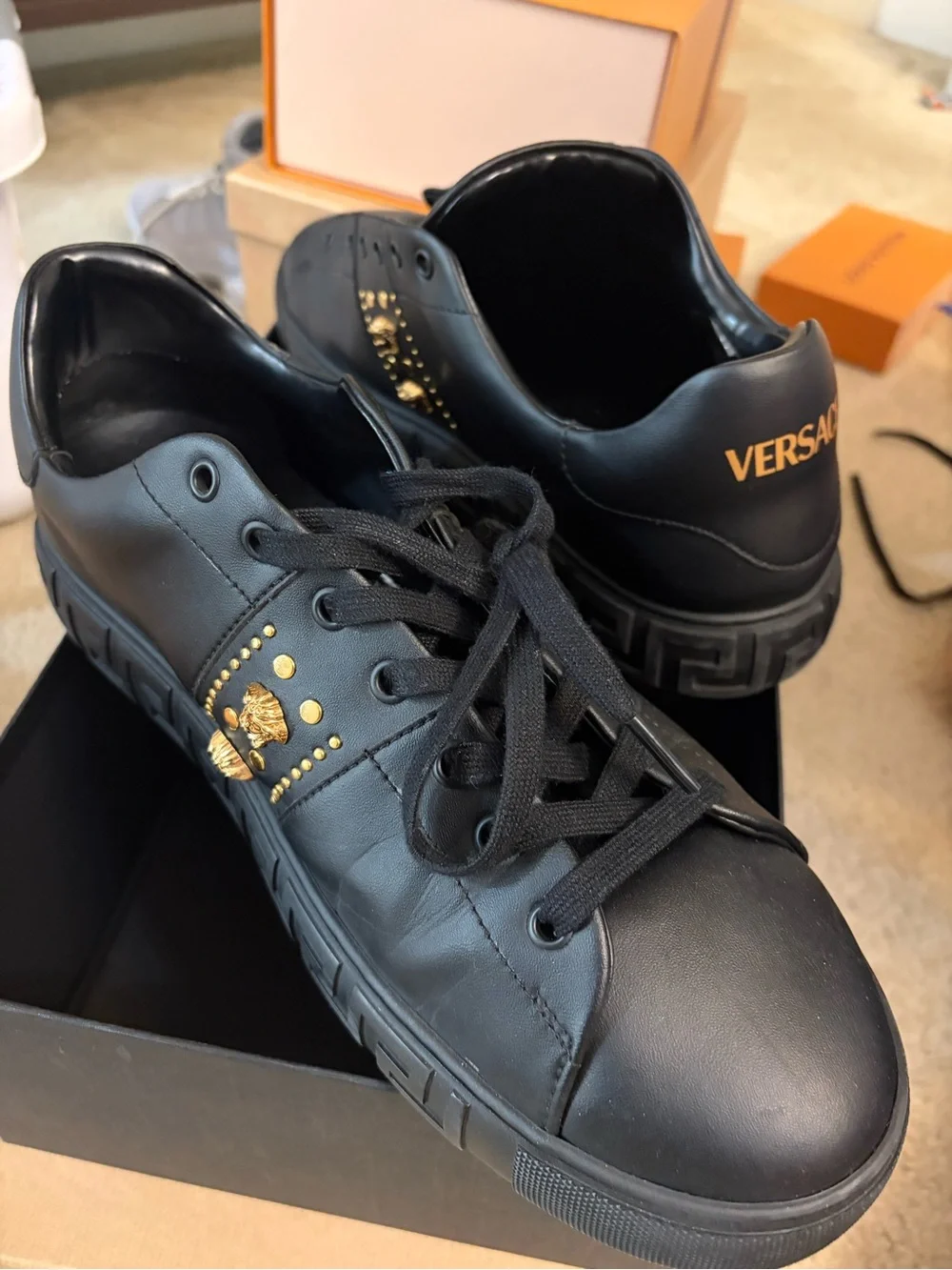 Versace Black and Gold Leather Low-Top Sneakers
